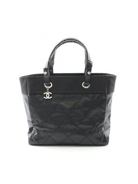 Chanel Tote Paris Biarritz MM Black Canvas Leather